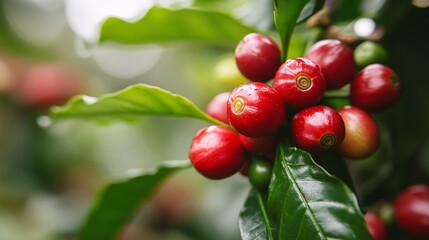 Obraz premium Fresh, Juicy Coffee Cherries Glimmering in Morning Sunlight