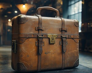Vintage leather suitcase, aged and worn, sits on a floor