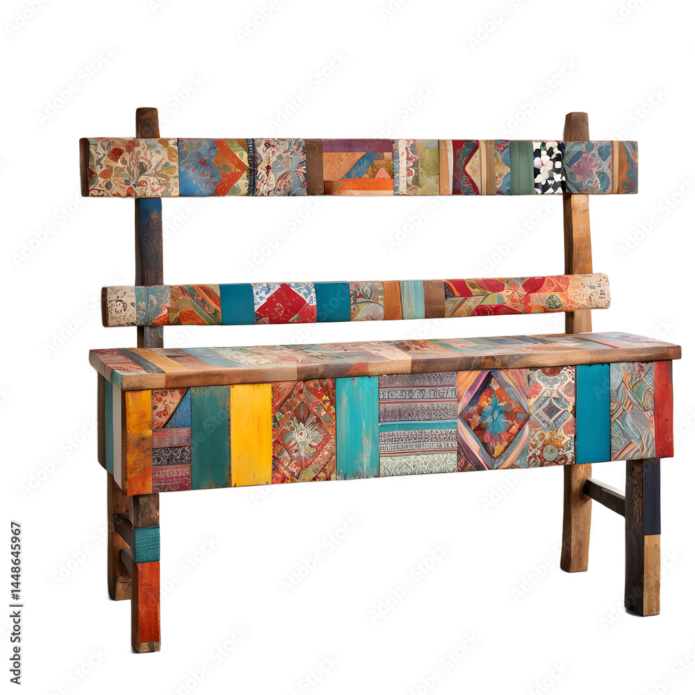 Aufkleber Boho eclectic painted patchwork wood bench with colorful patterns, isolated on a empty plain background