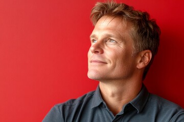 Fototapeta premium Creative graphic design of style for aging men. A stylish short-haired gentleman looking poised. Trendy men's ivy league haircut - midlife white man with hair. Red solid background.