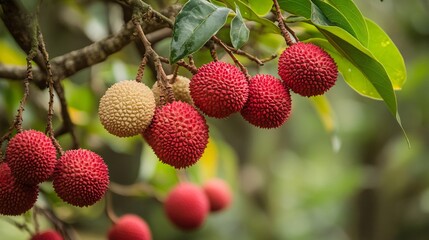 Ripe lychees in bright red hues dangling gracefully from gnarled branches
