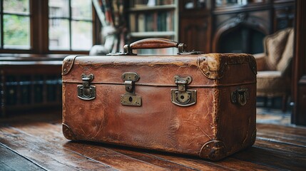 Vintage leather suitcase on wooden table