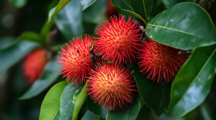 Obraz premium Tropical Rambutans with Striking Red Color and Soft Spikes