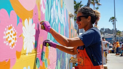 Fototapeta premium A woman in overalls and sunglasses paints a large, colorful mural on a wall.