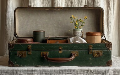 Vintage suitcase open, displaying small items and wildflowers