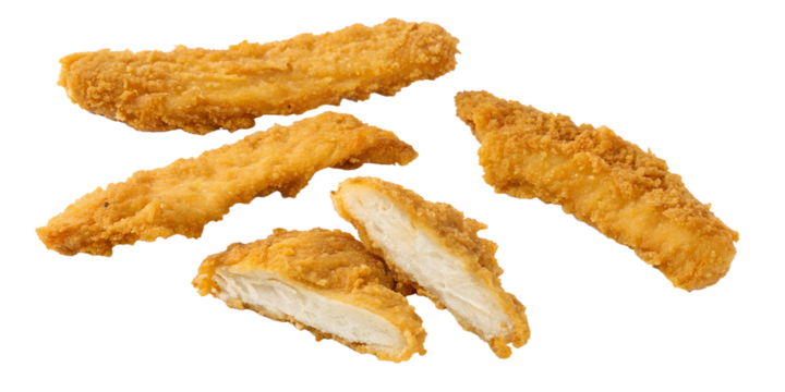 breaded and fried chicken breast strips on white b