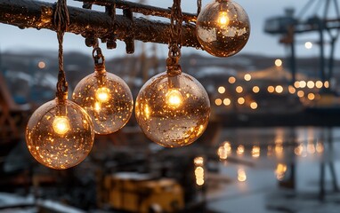Warm, amber-hued globes hang from a metal structure, illuminating a harbor scene at twilight