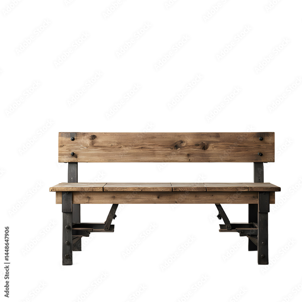 Poster Rustic farmhouse distressed pine bench with iron handles, isolated on a empty plain background