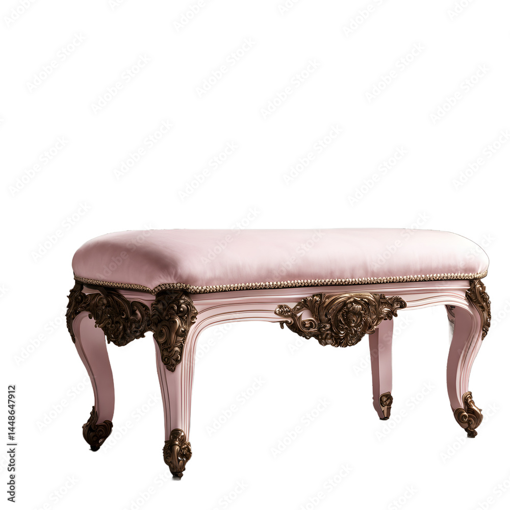 Poster rococo pale pink upholstered bench with intricate bronze mounts, isolated on a empty plain backgroun