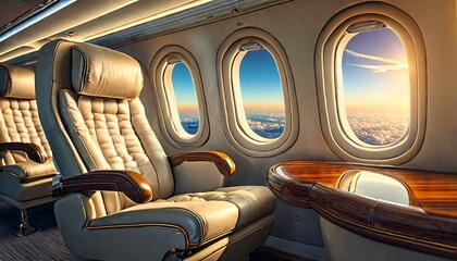Private jet cabin sunset view