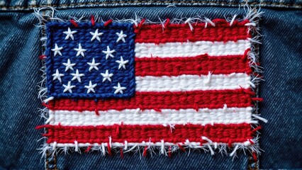 independence day (united states) American flag cultural pride. Embroidered American flag patch on denim fabric, showcasing vibrant colors and intricate stitching details.
