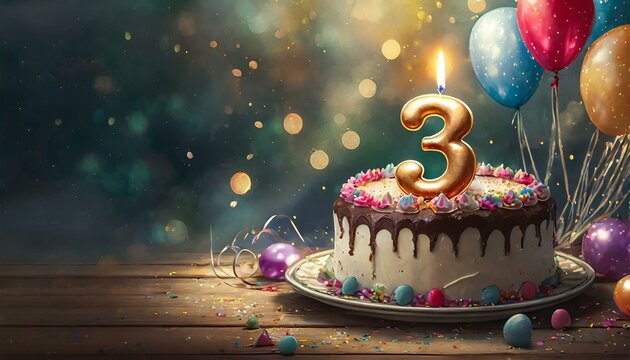 Third birthday cake with balloons and confetti