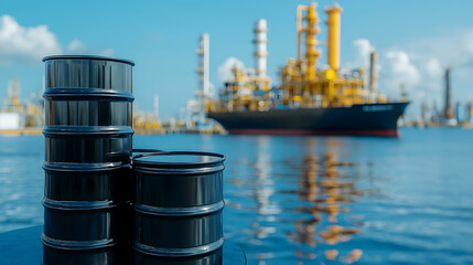 Stack of drums with sea and refinery backdrop, reflecting global industries.