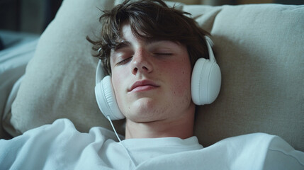 Relaxing moment of a young man enjoying music while lying on a couch in a cozy indoor setting