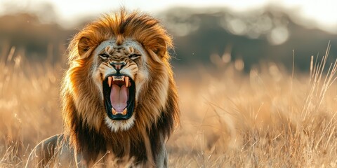 Fototapeta na wymiar a male lion standing in golden grass with his mouth open 