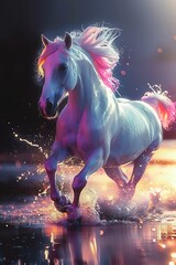 A powerful bay horse charges through sunlit water with sprays of droplets and a windswept mane