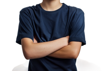 Athletic figure in navy shirt isolated on transparent background