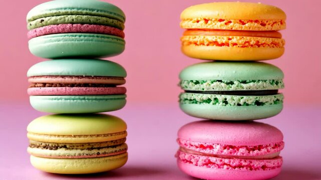Colorful macarons stacked on pink background with playful balance and symmetry