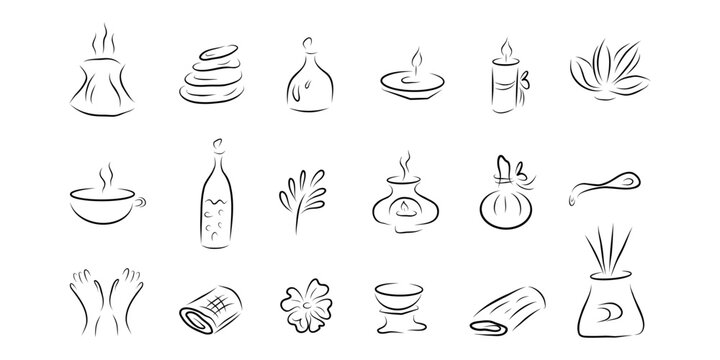 Thai massage and elements spa treatment clipart. Hand drawn illustration set aromatherapy and stone massage for spa design.