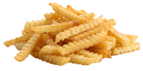 pile of crinkle cut fries golden brown on white ba