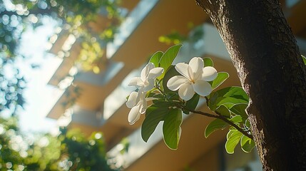 White flowers bloom near buildings