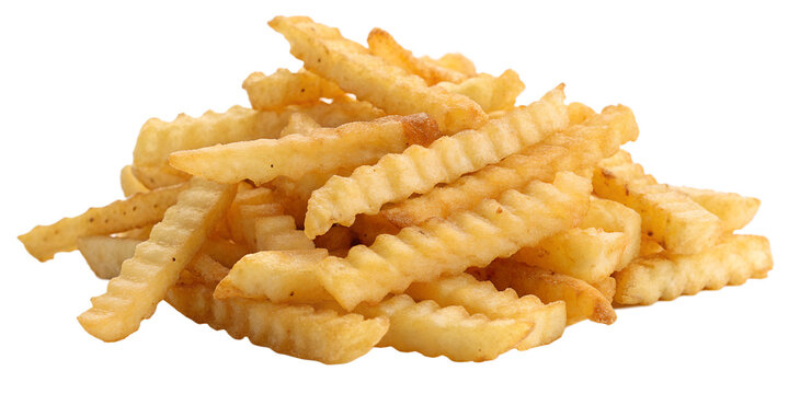 pile of crinkle cut fries golden brown on white ba