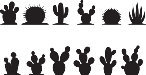 Collection of black cactus silhouette icons featuring various desert plants in different pot and ground base styles