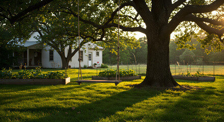 Obraz premium Idyllic Farmhouse Scene With A Swing And Lush Greenery At Sunset
