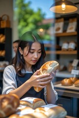 Sourdough Selection: Attentive Asian Female Picking a Crusty Artisan Loaf at a Quaint Neighborhood Bakery