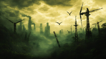 Environmental pollution industrial landscape silhouette with turbines and overcast