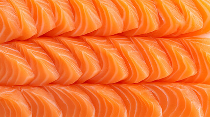 Fototapeta premium Salmon slices arranged, showcasing vibrant color and texture, perfect for culinary background, food photography, or healthy eating concepts.