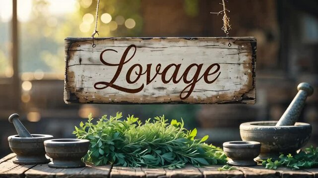 sign with inscription lovage, fresh herbs on table, sunny day

