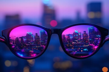 Vibrant city skyline reflected in sunglasses at dusk showcasing colorful lights and urban energy