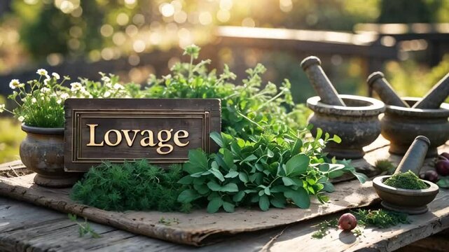 sign with inscription lovage, fresh herbs on table, sunny day

