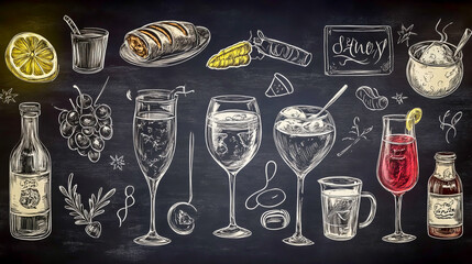 Food and drink doodles on chalkboard, restaurant menu illustration