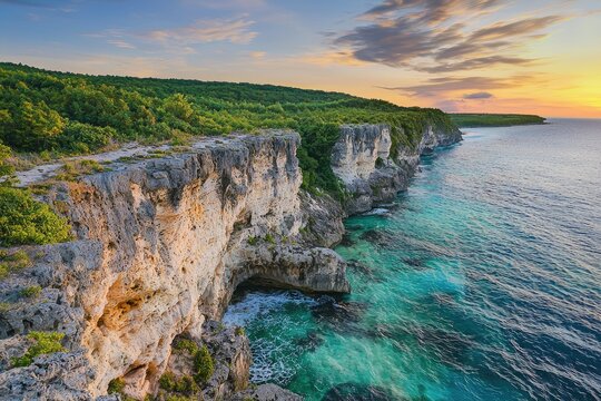 Stunning sunset over dramatic limestone cliffs and turquoise ocean waters, a breathtaking coastal landscape. - Powered by Adobe