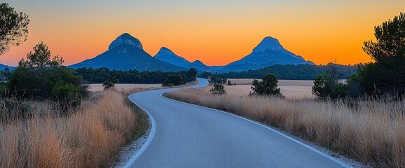 Winding Road Through Scenic Landscape at Sunset