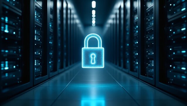 Secure server room with floating padlock and digital connections &mdash; perfect for IT infrastructure websites and cybersecurity visuals