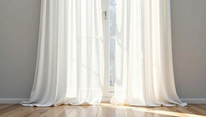Flowing sheer white curtains, soft light diffusion, ethereal, curtain