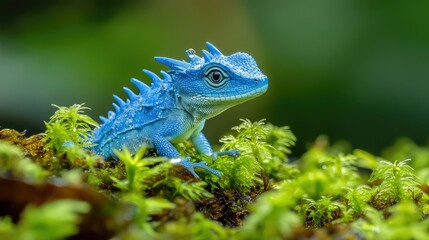 Obraz premium Vibrant blue lizard amidst lush moss