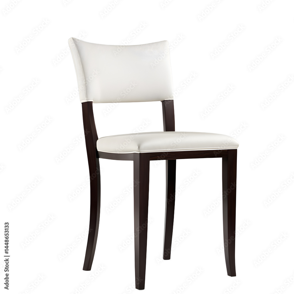 Poster transitional dark espresso wood chair with white cushioned seat, isolated on a empty plain backgroun