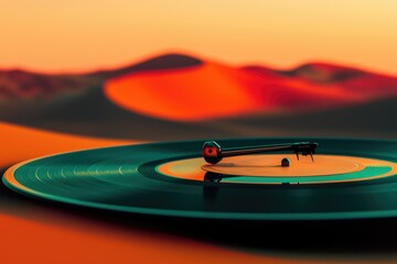 Vinyl record player on a turntable against a vibrant sunset backdrop, evoking nostalgia and warmth.