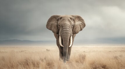Obraz premium Majestic african elephant walking through golden savanna grassland under dramatic sky in natural habitat wildlife photography style