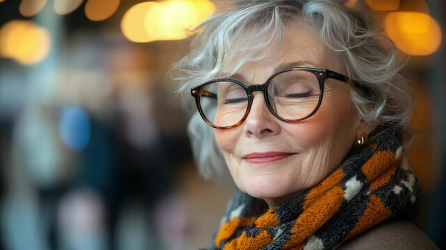 Retirement age woman trying on glasses in an optics store. Choosing stylish frames and lenses for vision correction.