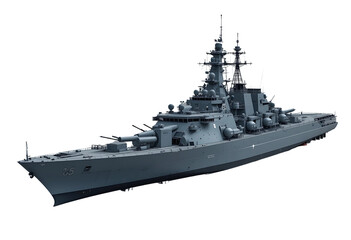 Modern naval destroyer isolated on white background, displaying high-tech radar systems and missile launchers in a clean navy-grey color scheme