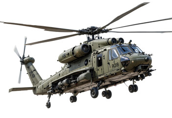 Heavy-duty military transport helicopter hovering, white background, emphasizing rotor dynamics and reinforced body armor in olive drab
