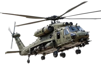 Heavy-duty military transport helicopter hovering, white background, emphasizing rotor dynamics and reinforced body armor in olive drab