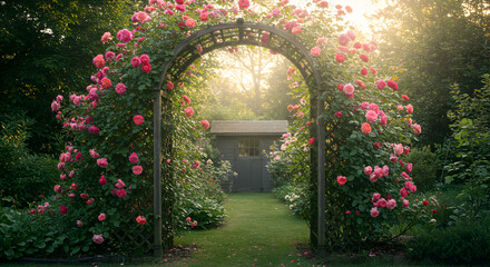 Fototapeta premium Rose Covered Archway Leading to a Secret Garden Shed at Sunset