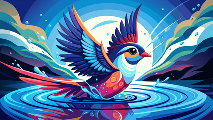 Obraz premium A swift rise from the water's mirror-like surface. The fish escaped, but the moment was art. Color, motion, and form blend in perfection. Best for expressive vector bird portraits.