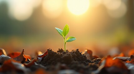 Vibrant seedling emerging from soil illuminated by the golden morning sunlight